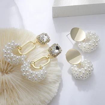 Ohrring New Trendy Crystal Drop Earrings Long Round Pearls Charm Earrings for Women 2022