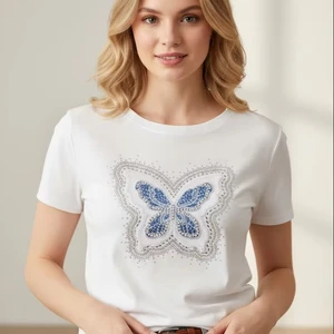 LYG ODM OEM New Design Rhinestone Flowers Women's T-shirt Cotton Tshirt for Women Casual t Shirt for Women Ladies Ropa De Mujer