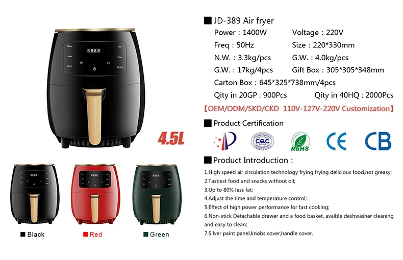 1pc 4.5l Electric Air Fryer, Large Capacity Multifunctional Electric Fryer  389, Household Appliance Touch Control Multi-functional Air Fryer, Kitchen  Appliance