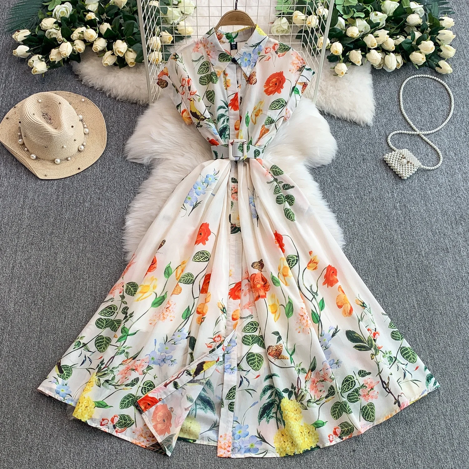 sachin and babi light blue dress 2025 Summer Dress Sweet Floral Printed Chiffon Dress Women's French Short  Sleeve Off Shoulder Strap Irregular Fairy Long Dress main image 1