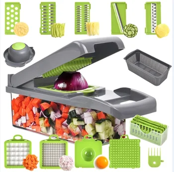 Amz Hot Sale Stainless Steel Green 15 in 1 Vegetable Chopper Veggie Cutter Kitchen Shredders & Slicers