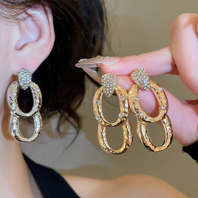 Silver Needle Zircon Oval Folded Drop European and American Metal Luxury High-End Ear Jewelry Wholesale Stud Earrings for Women