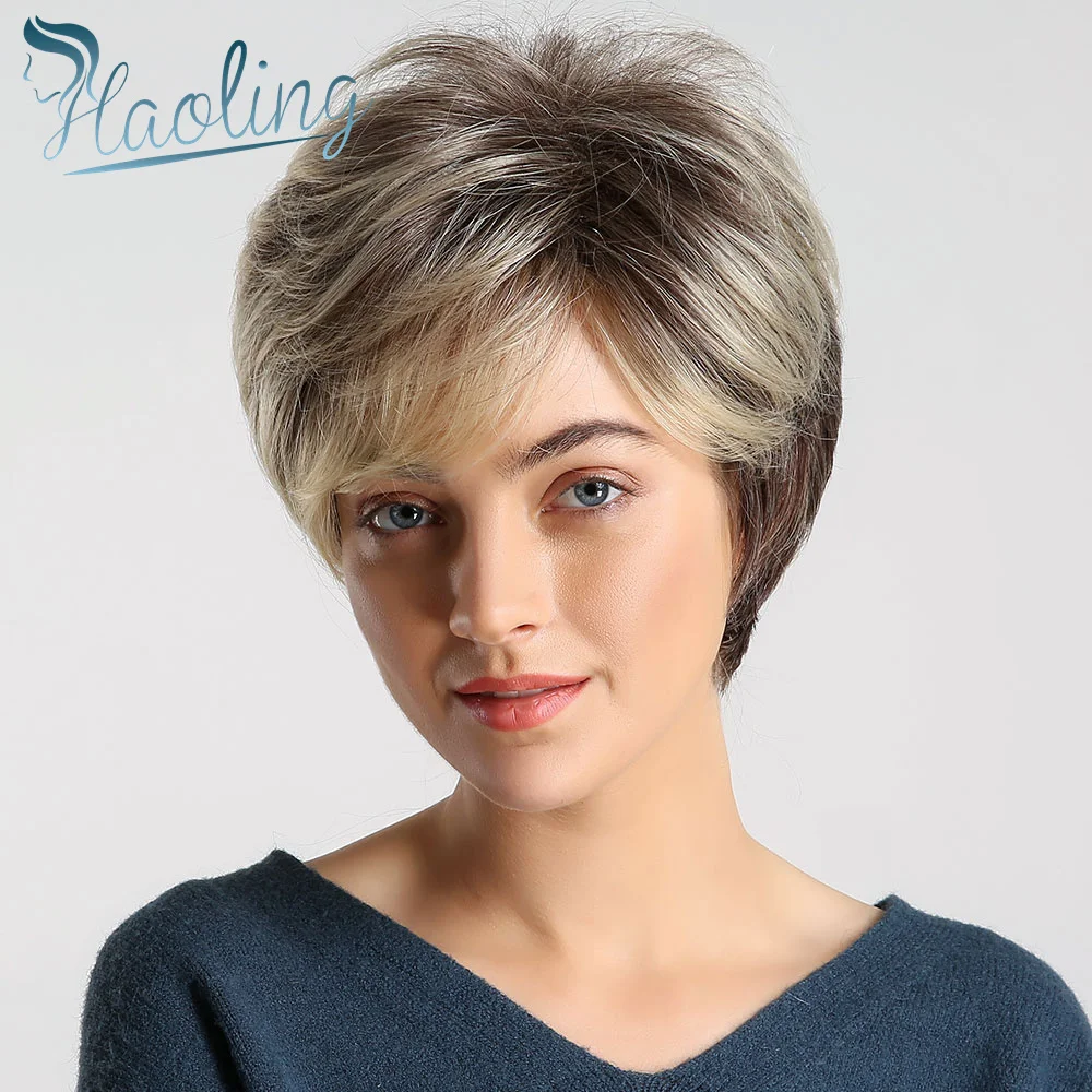 浩灵假发制造商暗根Ombre棕色金色短发假发蓬松精灵切割合成玫瑰网眼假发| Alibaba.com, image size:1000x1000