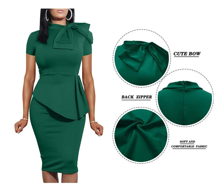 Latest Women Office Dresses 2022 Bodycon Short Sleeve Bow Club Ruffle