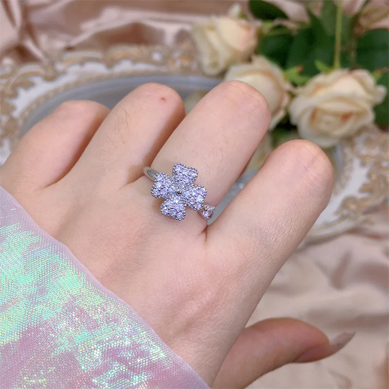 Fashion Fidget Spinner Ring Anxiety For Women Multiple Crystal Flower Plant Finger Ring Girls Rotate Anti Stress Wedding Jewelry