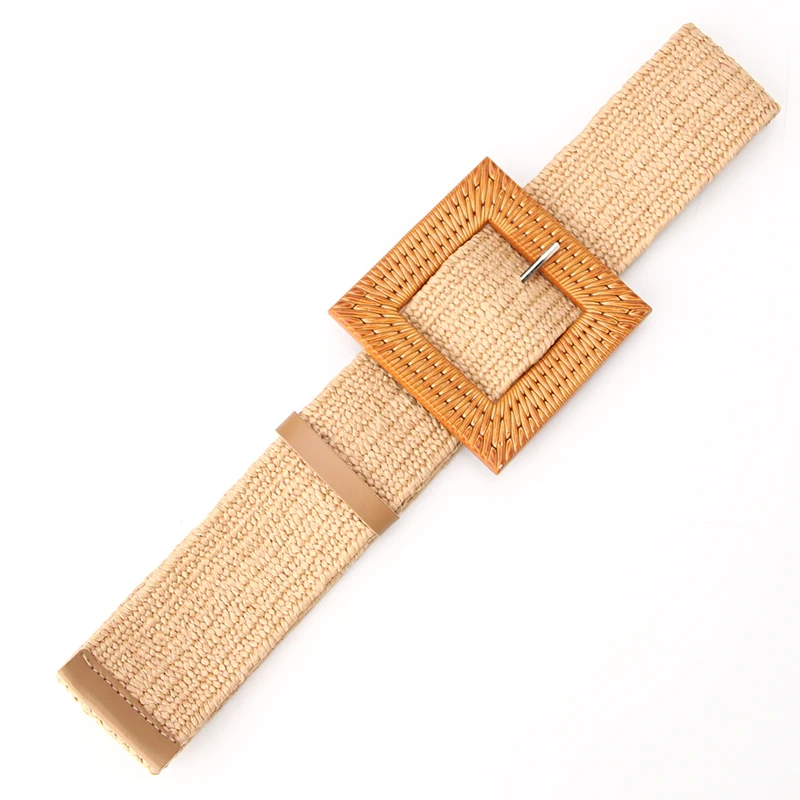 Cintura Donna Larga In Paglia Elastica Stile Bohemien – Marrone Chiaro, Intrecciata, Regolabile Senza Fori, Perfetta Per Abiti Estivi E Spiaggia