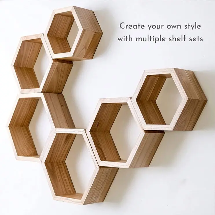 Log color honeycomb plant hanging wood display shelves wall frame hexagonal floating shelf