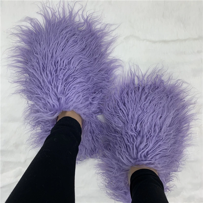 New Flat Plush Mongolia Fur Slides Indoor Bedroom House Women Plush Fluffy Shoes Luxury and comfort Fluffy slippers