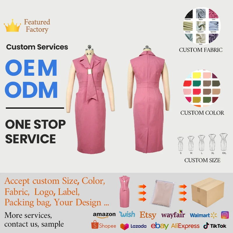 ZYHT 50886 Formal Work Business Plus Size Sleeveless Blazer Casual Dresses Pink Womens Office Lady Woman Dresses for Fat Women
