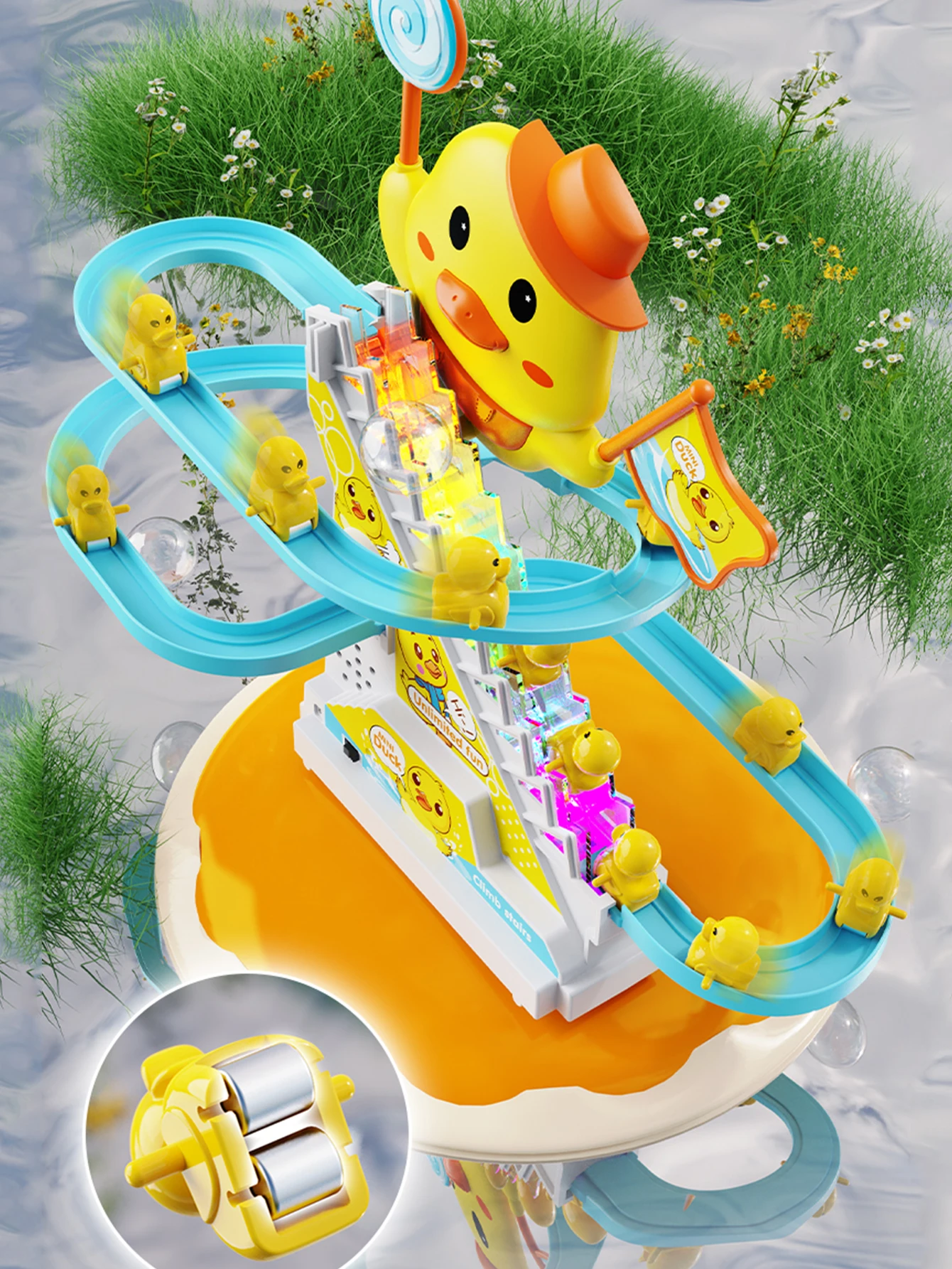 Children's Duck Climbing Stairs Toy Electric Track Automatic Stairs Duck Slide Light Music Puzzle Early Education Toy