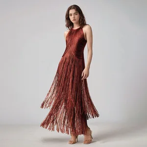 Sexy Halter Neck Tassel Bandage Long Dress Women Sleeveless Backless Fringe Slim Dresses Evening Party Cocktail Gowns