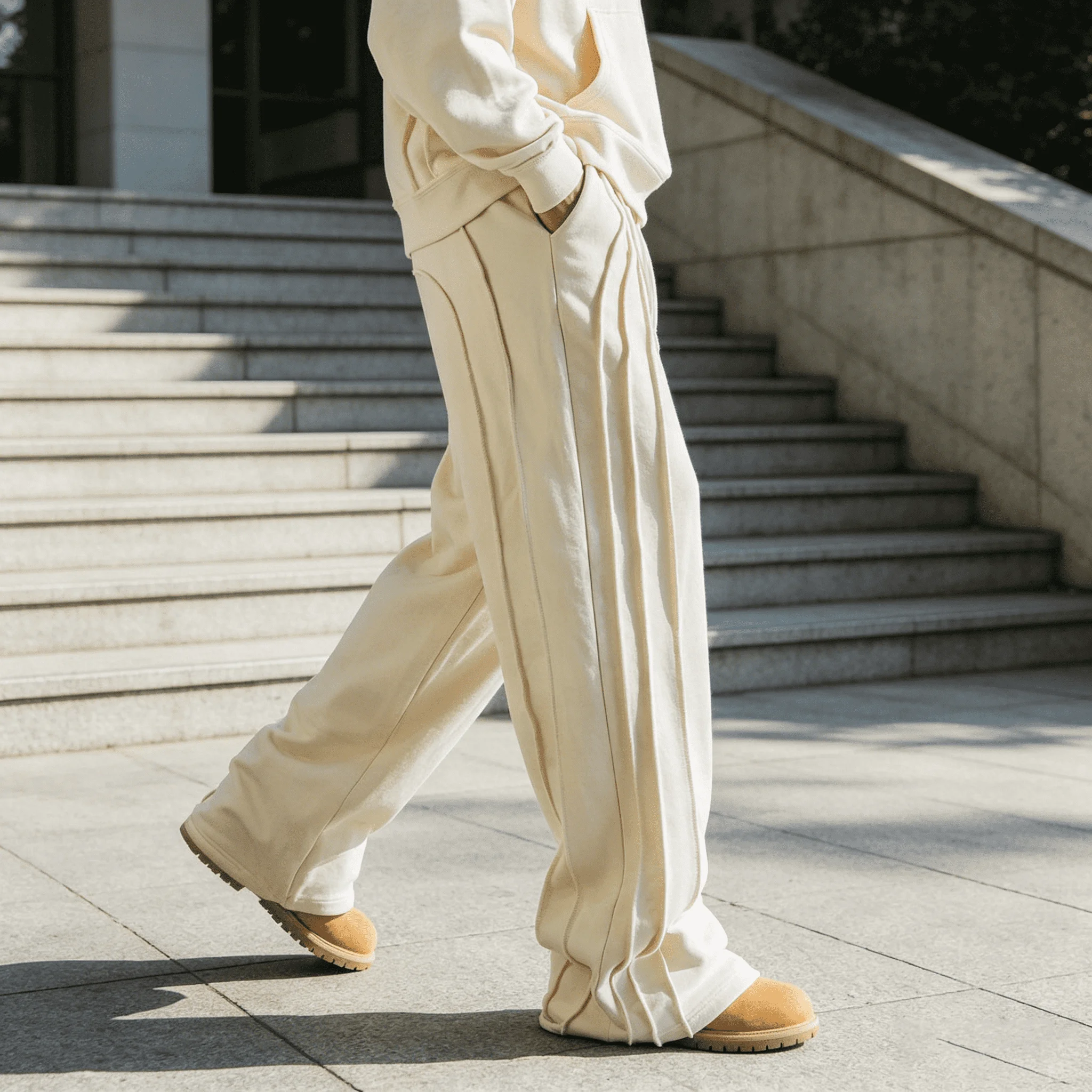 OEM ODM French Terry Cotton Double Waist Sweat Pants Spliced Streetwear Wide Leg Custom Acid Wash Sweatpants Manufacturer gallery 4