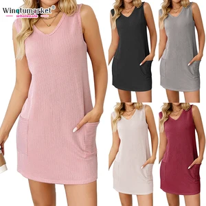 Trendy Summer Solid Color Breathable Lightweight Straight Silhouette V-Neck Women Dress