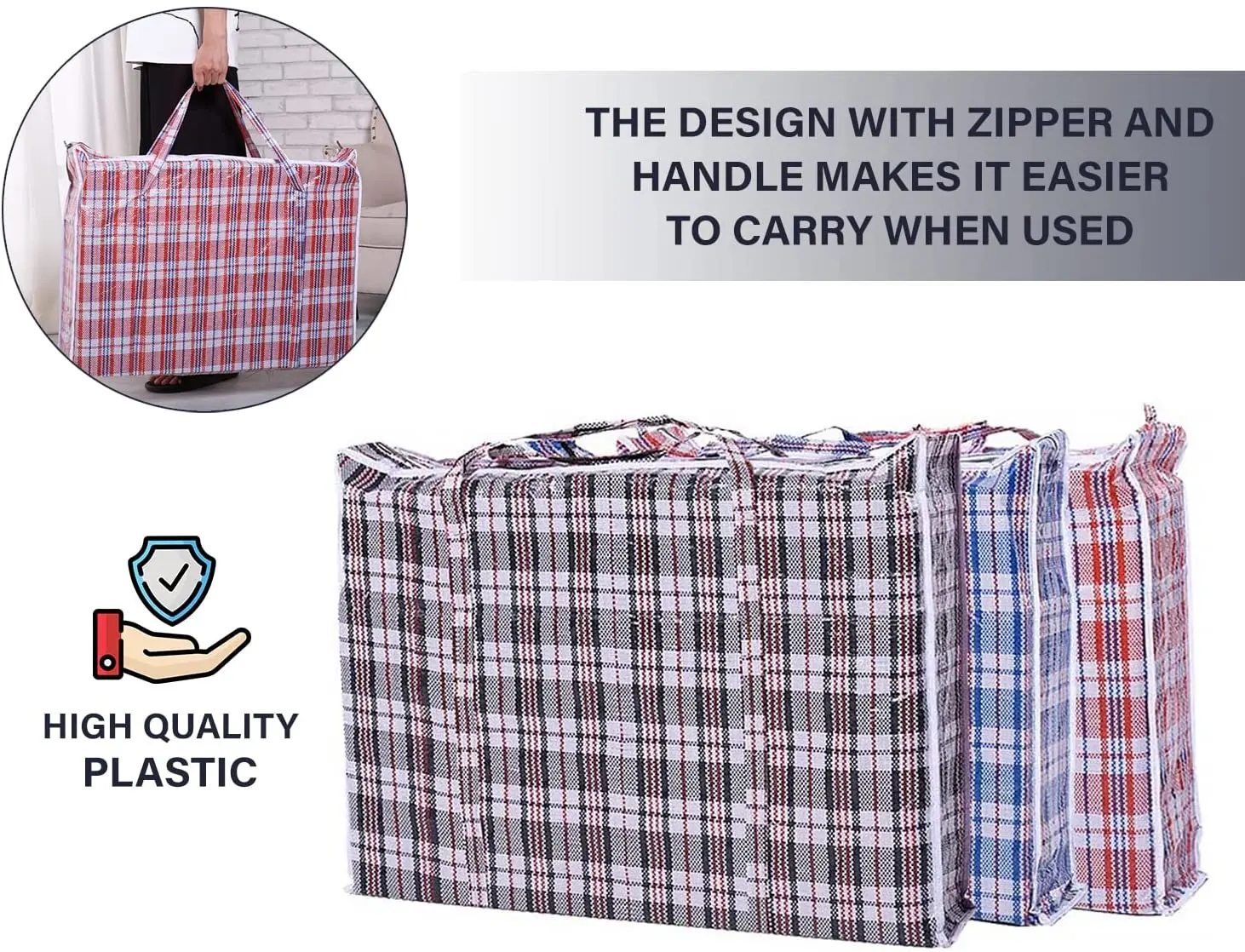 Amazon.com: Set of 4 Extra Large Reusable Unbreakable Hard Plastic Fabric  Checkered Laundry Bags with Zipper and Handles for Travel, Grocery, Laundry,  Shopping, Storage, Moving ,Size:(28
