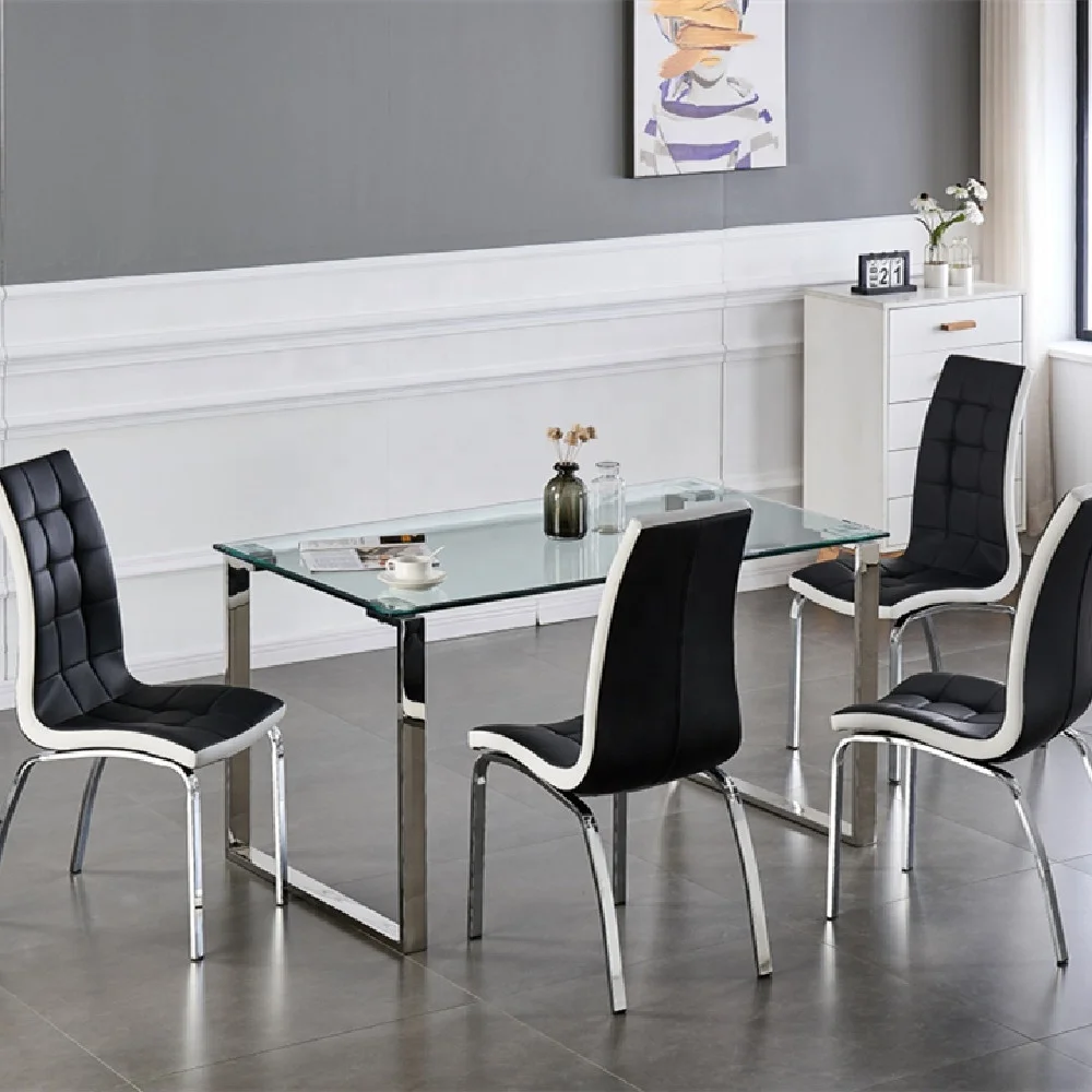 New Design Modern Dining Room Furniture Silver Stainless Steel 12mm Thick Tempered Glass 4 Seater Modern Dining Table Set