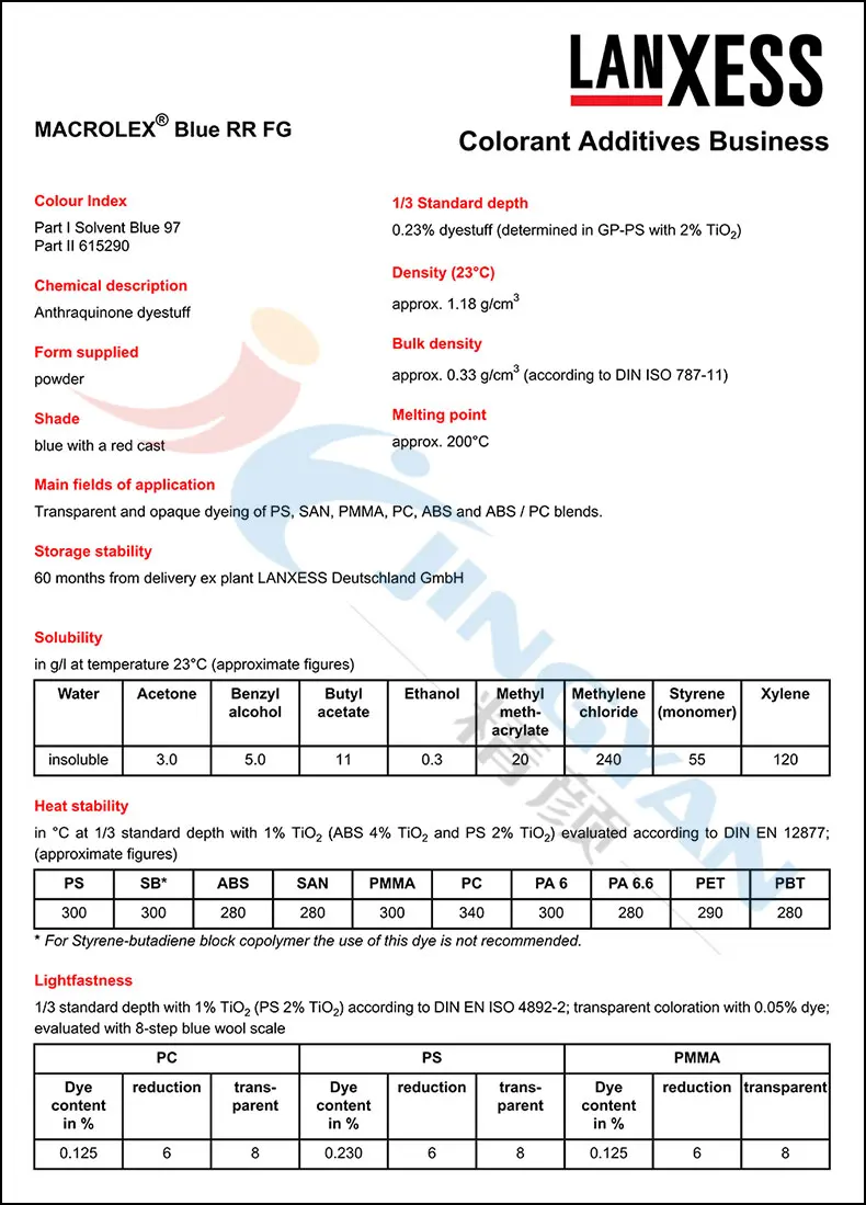 LANXESS MACROLEX  RR Blue High Temperature Resistant Solvent Dye for Plastic Inks Anthraquinone Dye Solvent Blue 97