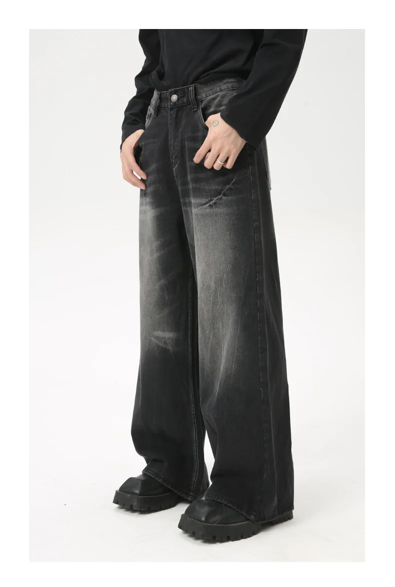 Pantaloni in denim da uomo larghi e dritti, neri, lavati, a gamba larga o lunghi, larghi, per uomo_voghion.com