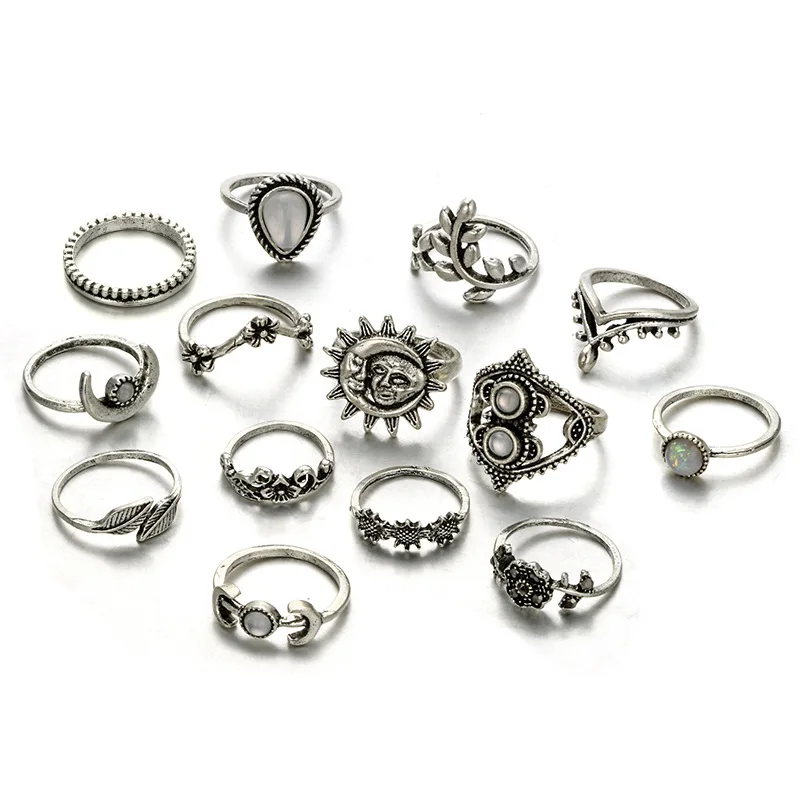 2021 European and American water drop flower sunflower moon sun 14 piece ring set