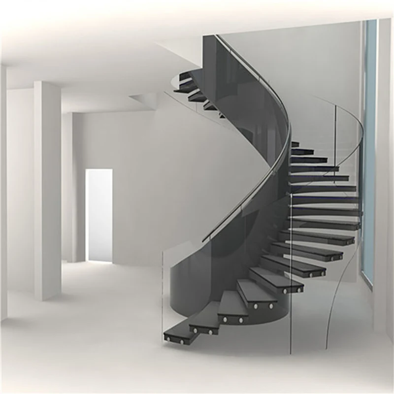 Modern Design Solid Wooden Tread Curved Staircase Powder-Coated Durable for Indoor Hotel Use