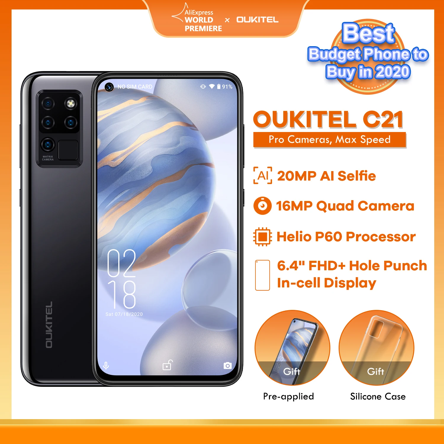 Глобальный 4G Oukitel C21 6,4 дюймов FHD + Дырокол экран 4000 мАч Octa Core 4 Гб + 64 Гб телефон Quad камера Android 10 4G смартфон