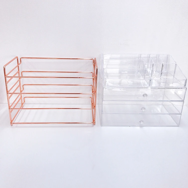 Оптовая продажа, акриловый косметический Органайзер с 3 ящиками и золотой металлической рамкой