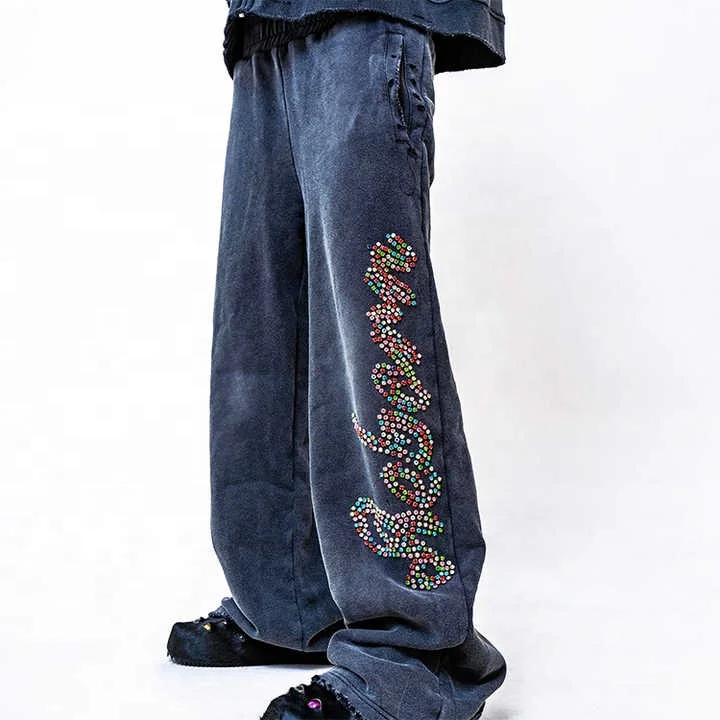 Salati Custom Y2K 350 GSM Loose Distressed Double Waisted Rhinestone Acid Wash Flared Track Sweat Pants Baggy Sweatpants for Men