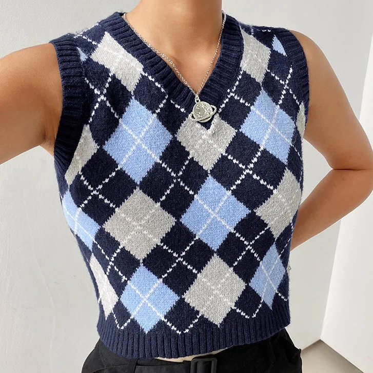UG Summer Trendy V Neck Vintage Argyle Sweater Vest Women