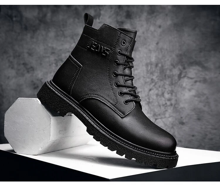 Xlai Men's Boots Plus Velvet Leather Rubber Sneakers Lace-up Mid-tube ...