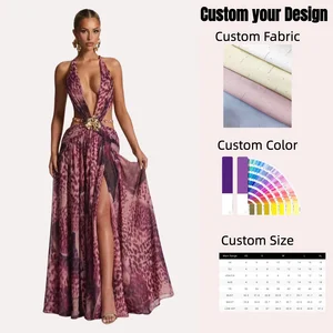 Exclusive Magenta Orchid Print Maxi Dress with Detachable Waist Chains & Backless Design for Wedding Guest or Evening Party Gown