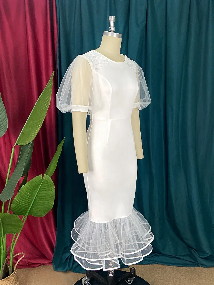 Elegant White Dresses Ladies Puff Sleeve Ruffle Slim Beaded White Birthday Dress White Bridesmaid Dress Elegant White Dresses Ladies Puff Sleeve Ruffle Slim Beaded White Birthday Dress White Bridesmaid Dress