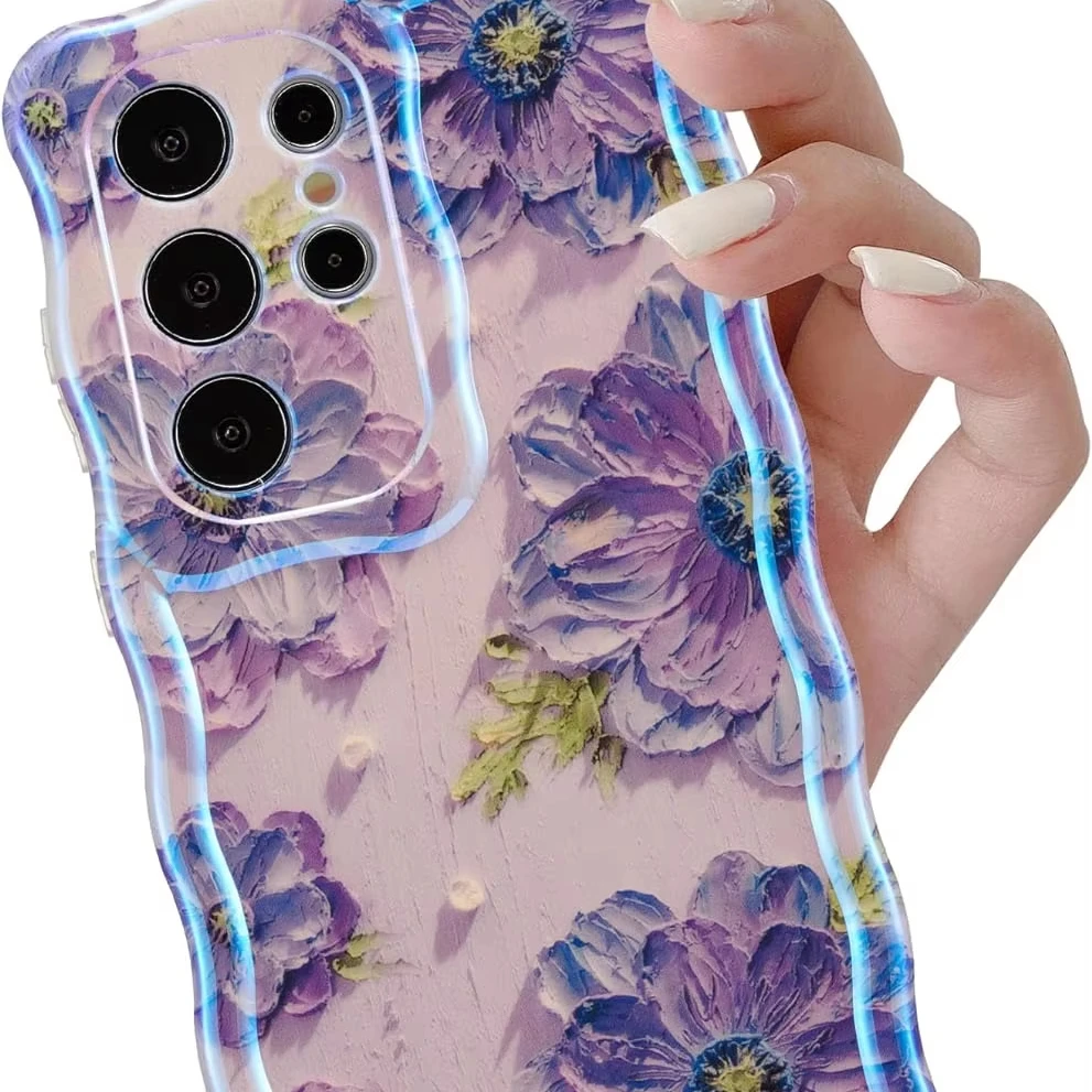 Soft case for Samsung Galaxy S24 S23 S22 Ultra Laser Colorful Oil Painting Flower Pattern Cute Wavy Edge Phone Cover