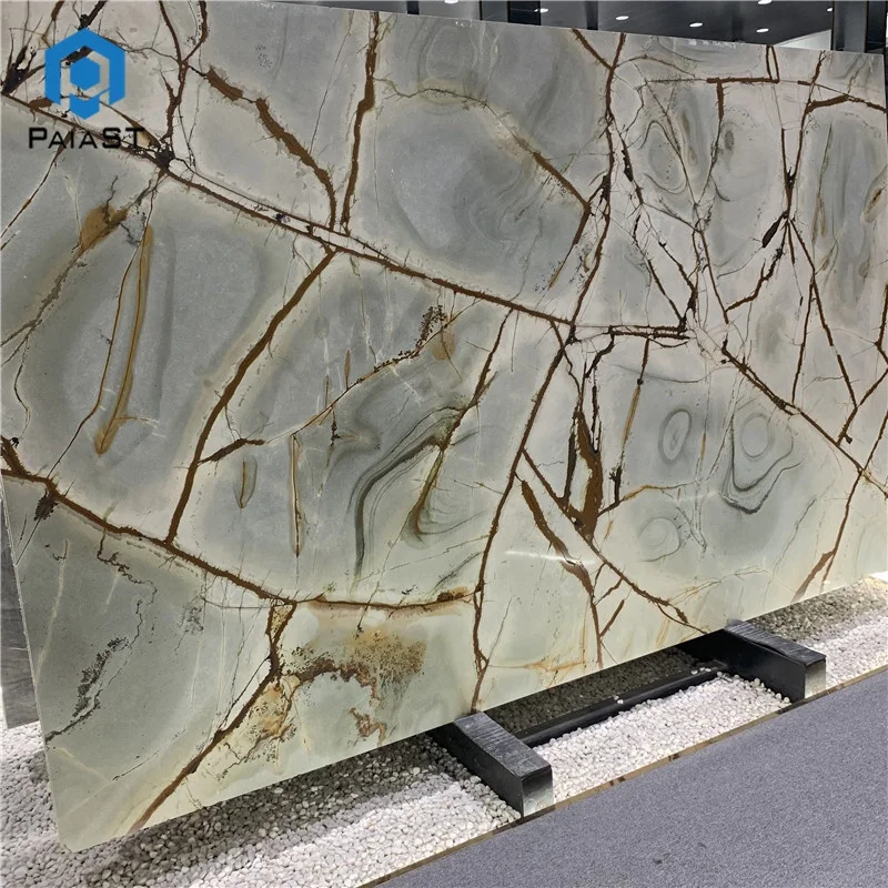 product natural blue exotic stone bookmatched roman impression blue quartzite slab for background wall-4