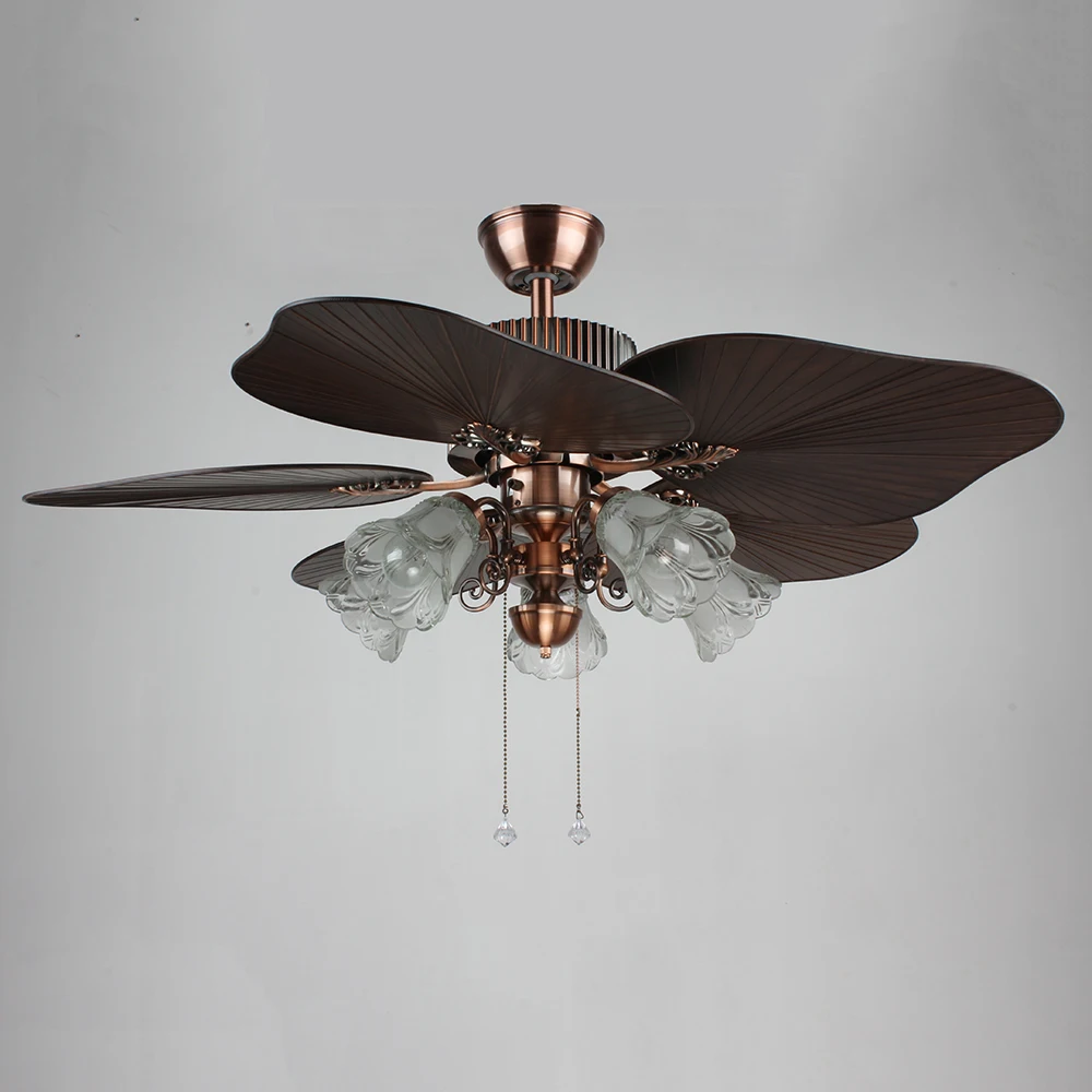Red Ancient Style LED Ceiling Fan with 5 Wood Blades Remote Control Iron/Stainless Steel Base