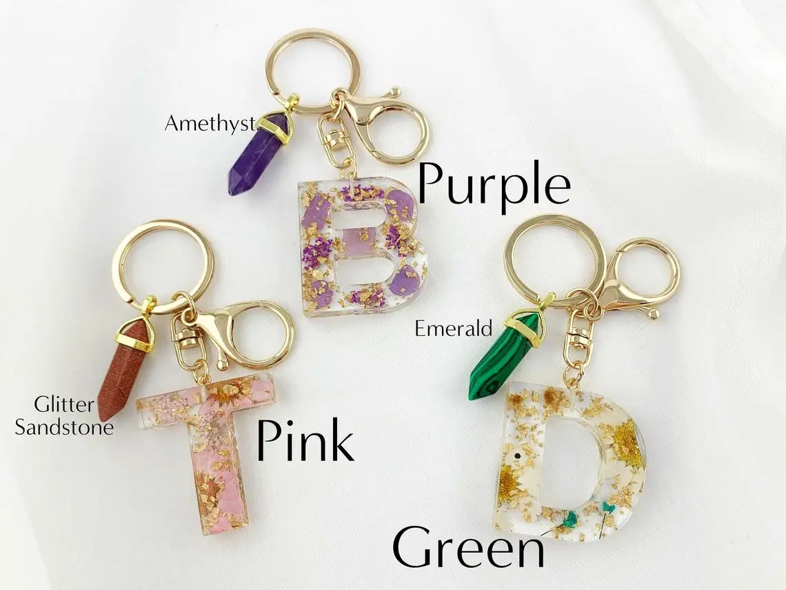 1Pc Real Dried Flower Letter Alphabet Keychain Crystal Resin Words