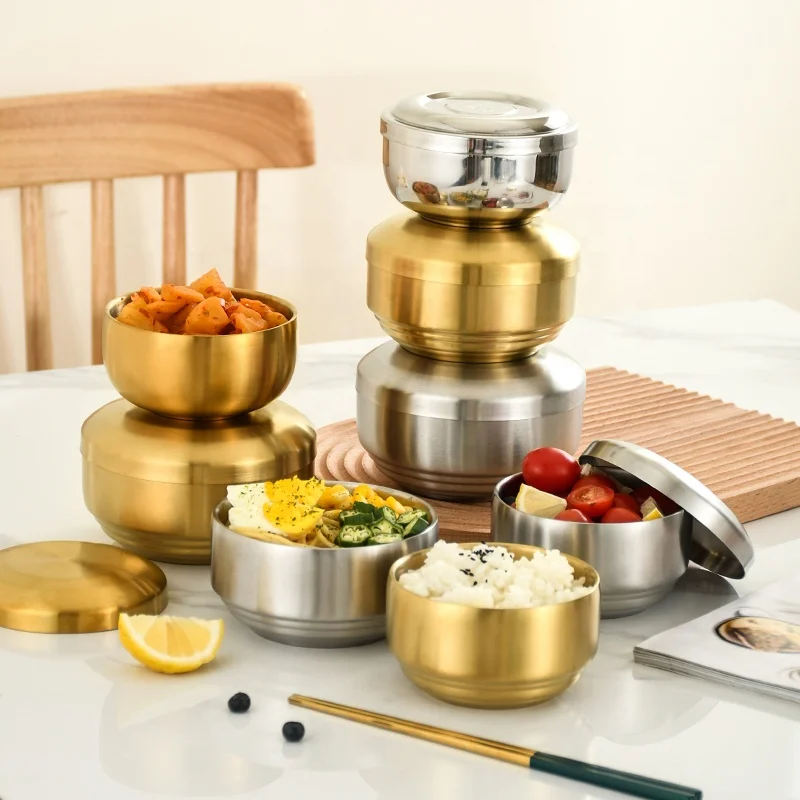 Gold Double Wall Korean Bowl Insulated 304 Stainless Steel Rice Bowl
