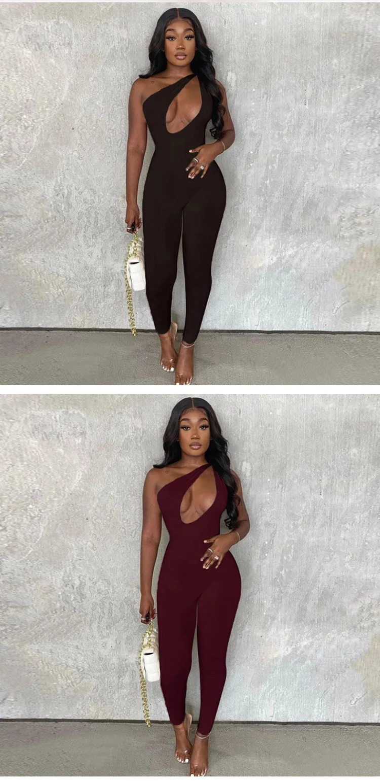 2021 Manufacturer hot selling item sexy one shoulder hollow out solid bodycon jumpsuit