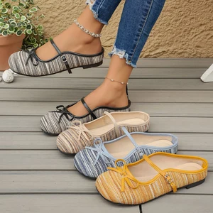 Women's Fashionable Breathable Flat Bottom Mary Jane Shoes with Hollow Bow Weaving Fishing Net Surface Slip-On Closure