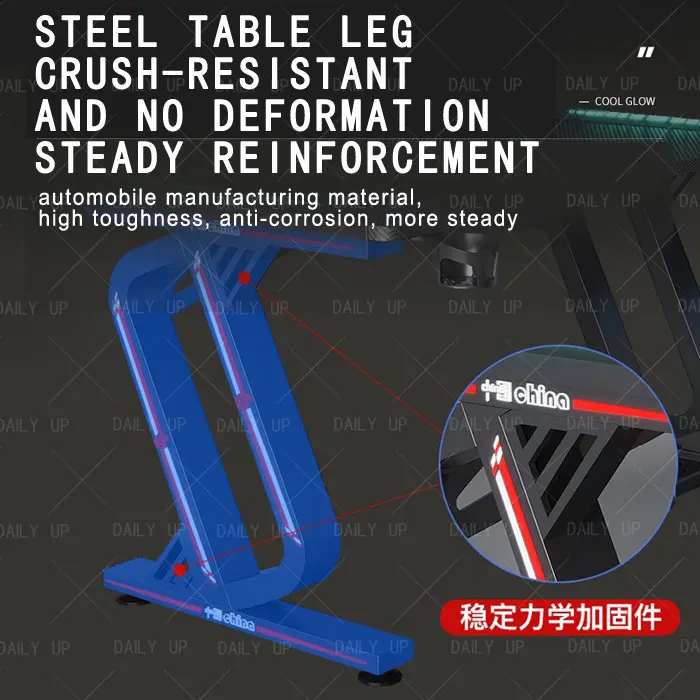 RGB PC Gaming Table With Carbon Fiber Texture Cable Box Steel Frame Professional Gamer Computer Desk For E-Sports Entertainment
