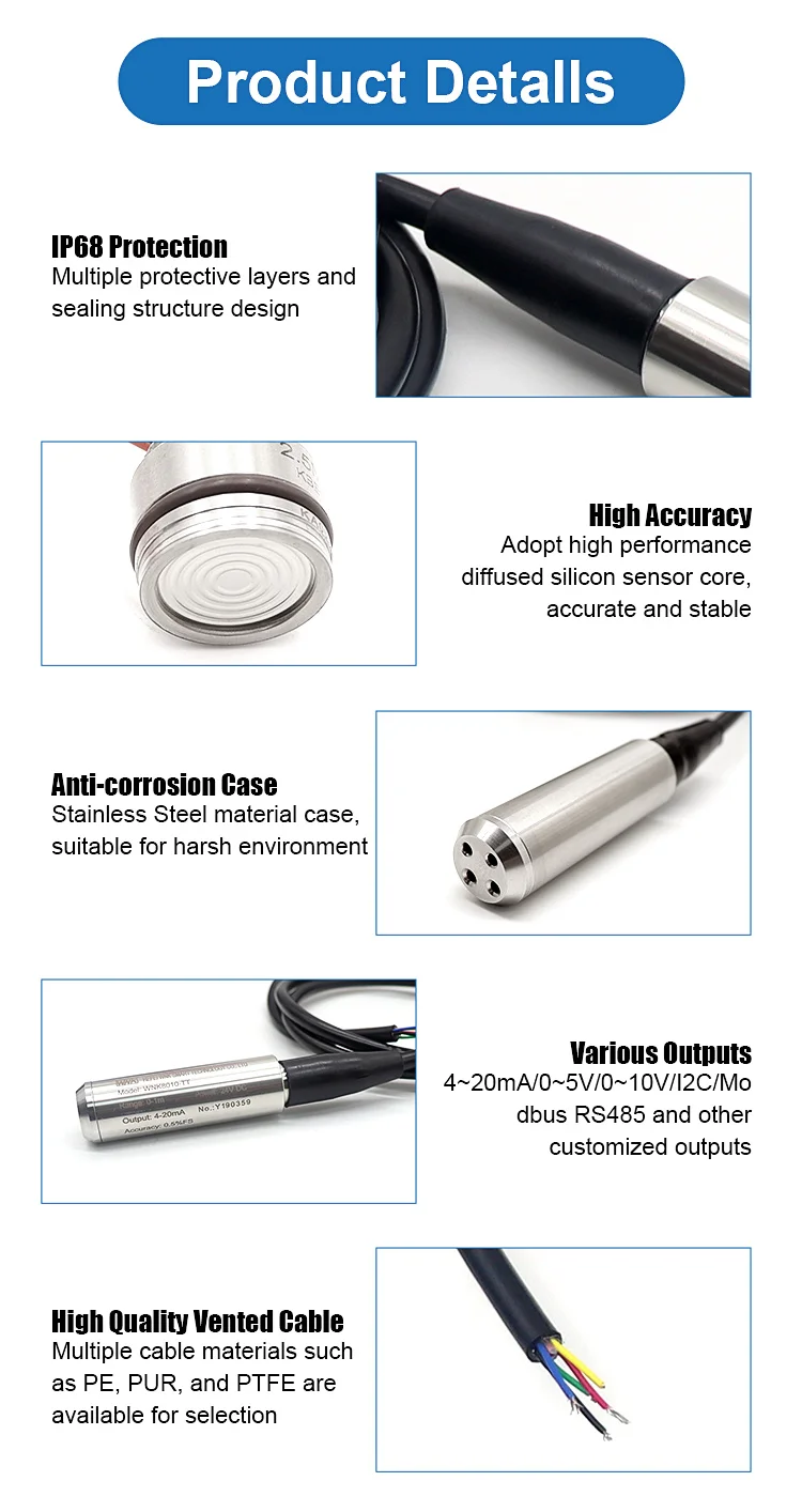ATEX Explosion Proof IP68 Submersible Water Tank Level Sensor With 4~20mA RS485 Output 4