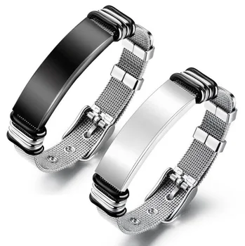 2022 Stainless Steel Custom Engraveable Bar Nameplate Tags Blank Bangle Adjustable Silver Mesh Bracelet For Men