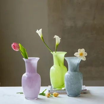 Handblown Glass Vase with Flared Rim Design Vibrant Pastel Lavender Lime Green Gray Colors for Home flared rim design
