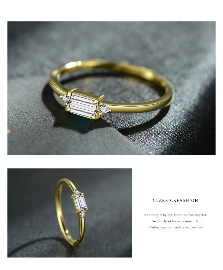Rectangle CZ Solitaire Engagement Ring - 925 Sterling Silver