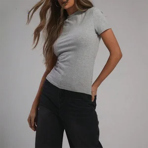 Custom Logo Acid Wash Badge Sequined Round Neck Crop Top Rhinestones Plain Blank Short Sleeve Women T-Shirt