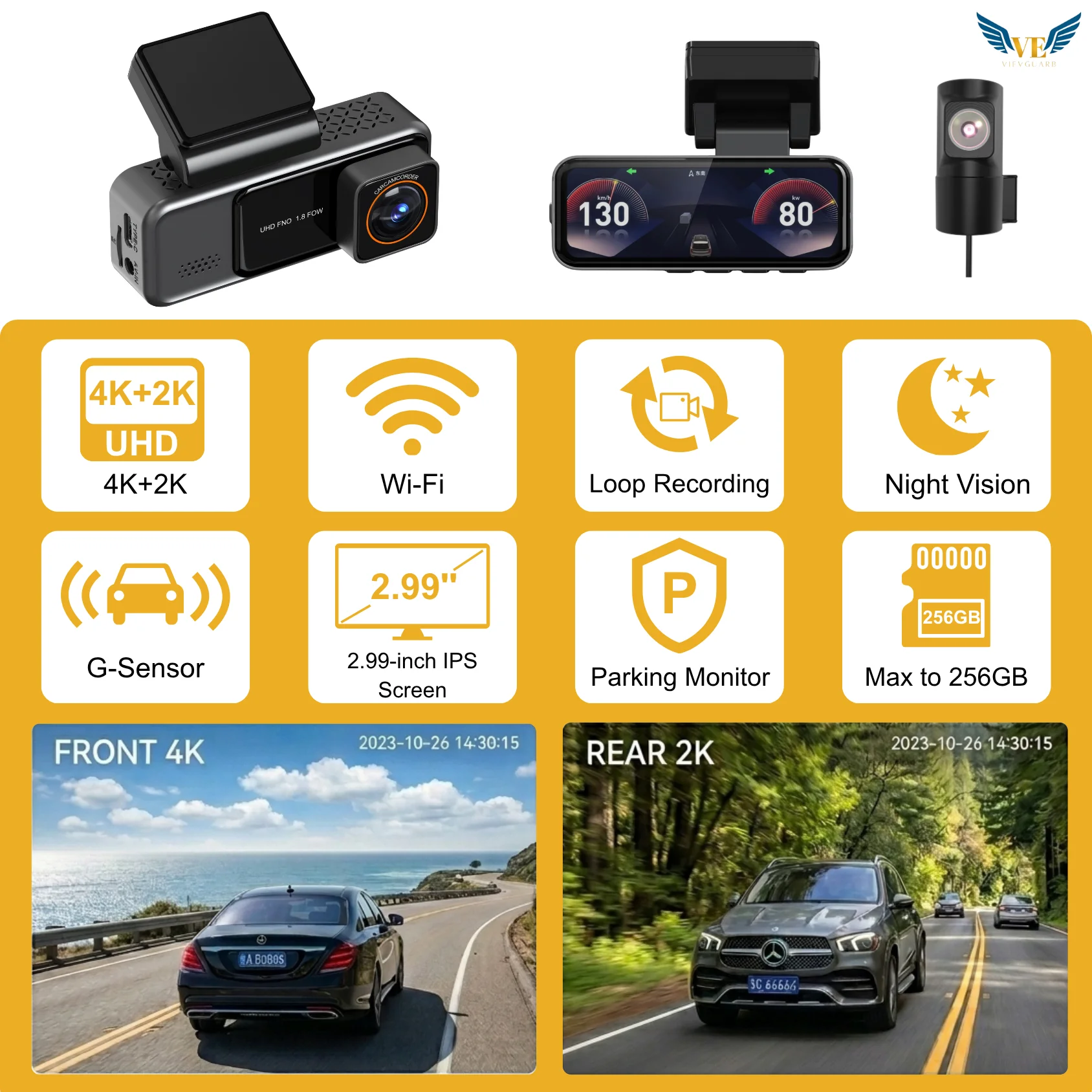 VIEVGUARB T10E Dash Cam Dual Lens Night Vision G-Sensor Parking Monitor Loop Recording App Control 4K 2K WiFi IPS Screen