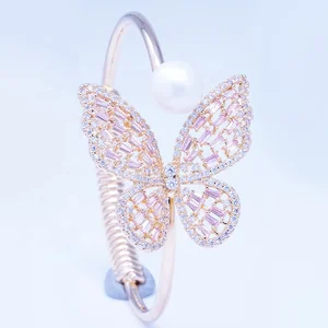 Delicate Rose Gold Cuff Bracelet with Freshwater Pearl CZ Crystal Zircon Butterfly Accents Fashionable One-Time Bangle