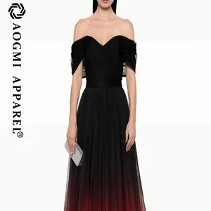 Haute Couture Comfortable Ladies Floor-Length Off-the-Shoulder Neckline Gradient Sleeveless Satin Club Dress A-Line Silhouette