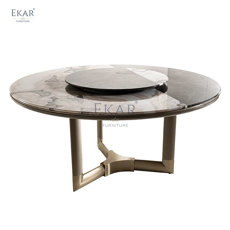 New design mirror rose gold round dining table with rotating turntable dining room furniture