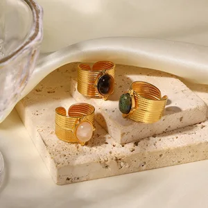 MW Women's Fashion 18K Gold-Plated Stainless Steel Wide Ring with Natural Stone Inlay - Open and Adjustable Design
