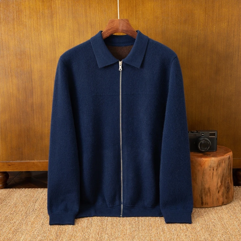Autumn Winter Men's 100% Cashmere Breathable Padded Cardigan Zipper Knitted Shirt Collar Sweater Jacket