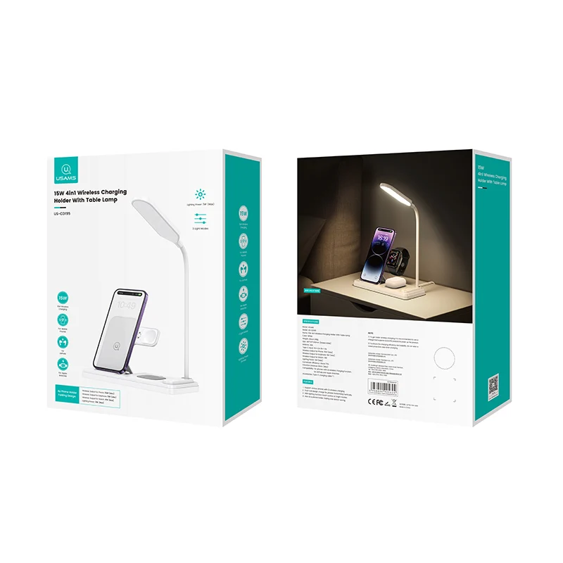 USAMS CD195 Multi Function 15W 4in1 Fast Charging LED Lamp Wireless Charger Desktop Stand Holder